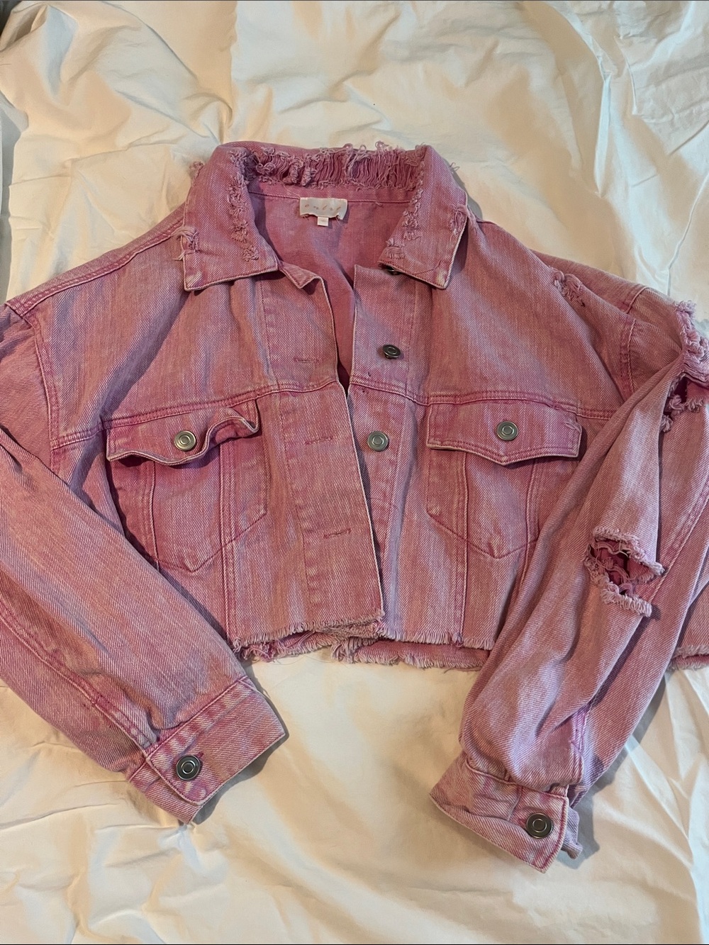 entro Pink Distressed Cropped Denim Jacket